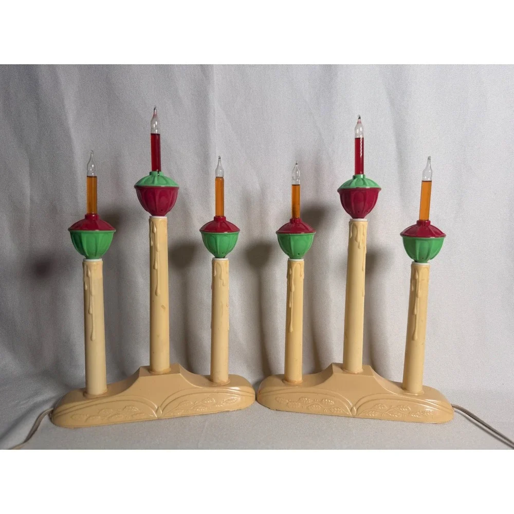 Vintage Christmas Bubble Light Candelabra Pair Red Green 3-Light